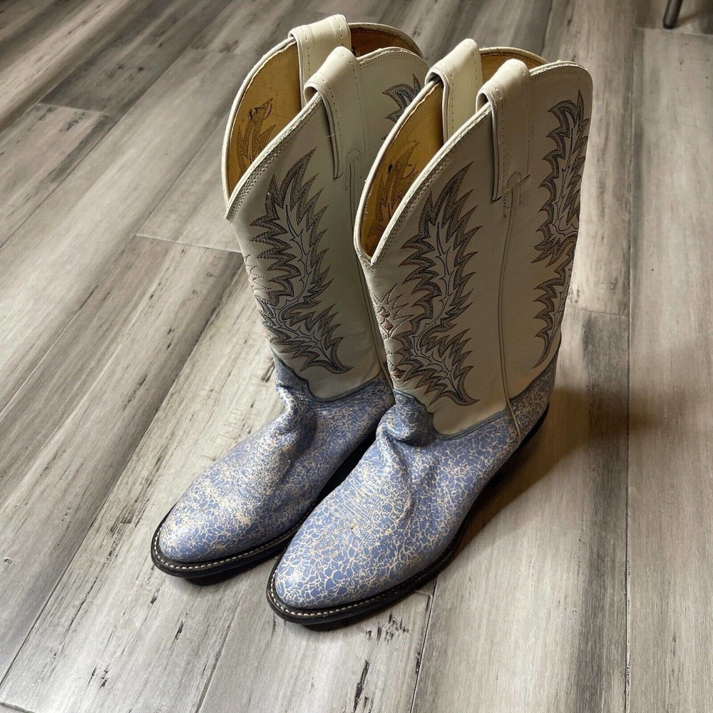 Tony Lama Speckled Heeled Leather Boots Women's Blue Cream Size 7.5 B - Picture 2 of 6